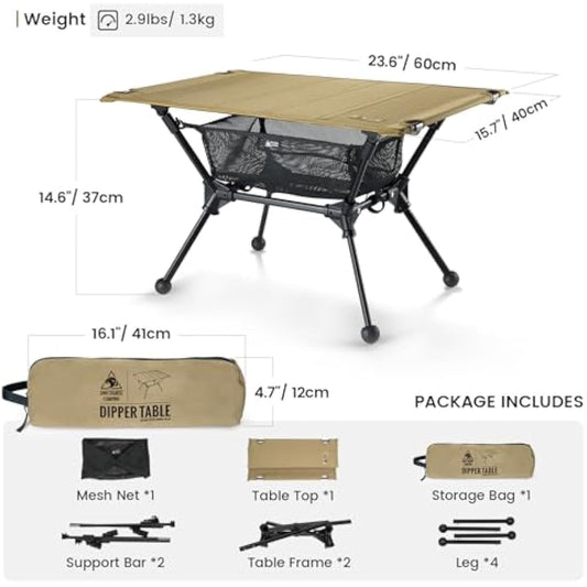 OneTigris Dipper Camping Table, Lightweight Portable Folding Table with Mesh Storage Net, High/Low Options, Ideal for Camping, Hiking, Tailgating, Beach, Picnic, Travel, Backyard