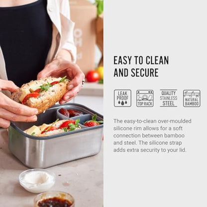 BLACK + BLUM BAM-SB-L005 Plastic Free Meal Prep Lunch Box Food Container with Bamboo Lid, Ocean Sandwich, Stainless Steel (304/18-8), Silicone, Anti-Bacterial, 1.25 liters