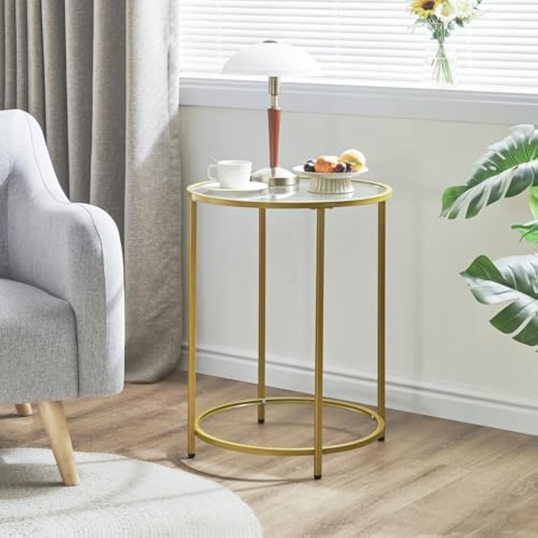 YMYNY Round Side Table, 2 Tier Accent Table, Tempered Glass End Table, Small Coffee Table, Sofa Table, Bedside Table, Modern Style, for Living Room, Bedroom, Balcony 50×50×65CM Gold HGD020G