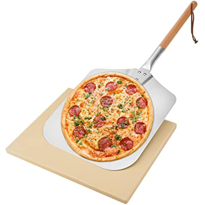 Mimiuo Pizza Stone and Peel Set, Square Pizza Stone for BBQ Oven and Grill, 12 x 14 inch Aluminum Pizza Peel Paddle with Long Wooden Handle, 28" Overall