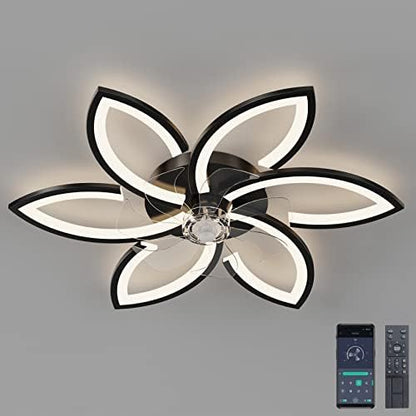 DIDADIDA Silent Ceiling Fan with Light, Ceiling Fan with Remote Control and Lighting APP dimmable Brightness 70W Creative Acrylic Flower Shape Ceiling lamp with Fan (Black)