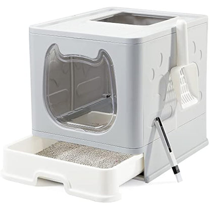 Vealind Covered Cat Litter Box with Lid for Small and Medium Cats, Top Entry Drawer Type with Front Door Cat Litter Tray (Grey)