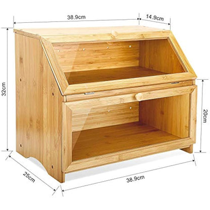 Leader Accessories Double Decker Bamboo Bread Bin 2-Layer Bread Box Large Capacity Bread Storage for Kitchen 15.3"x9.8"x12.6"