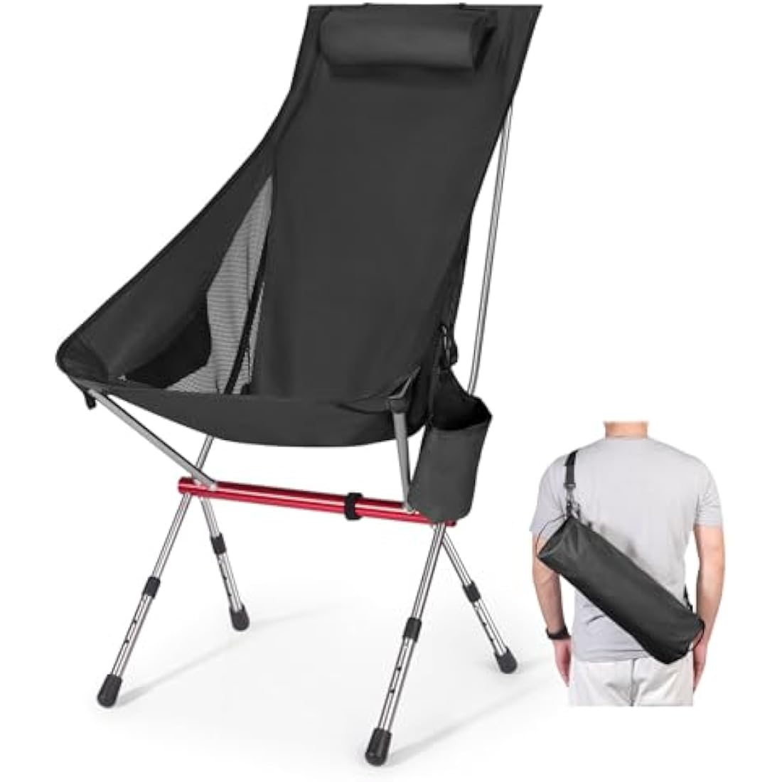 OKYUK New Foldable Camping Chair-High Back Support, 2 Storage Pouches, Adjustable Height, Lightweight Carry Bag – Perfect for Outdoor Adventures, Hiking, Beach Lounging, and Fishing Trips(Black)