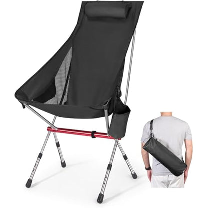 OKYUK New Foldable Camping Chair-High Back Support, 2 Storage Pouches, Adjustable Height, Lightweight Carry Bag – Perfect for Outdoor Adventures, Hiking, Beach Lounging, and Fishing Trips(Black)