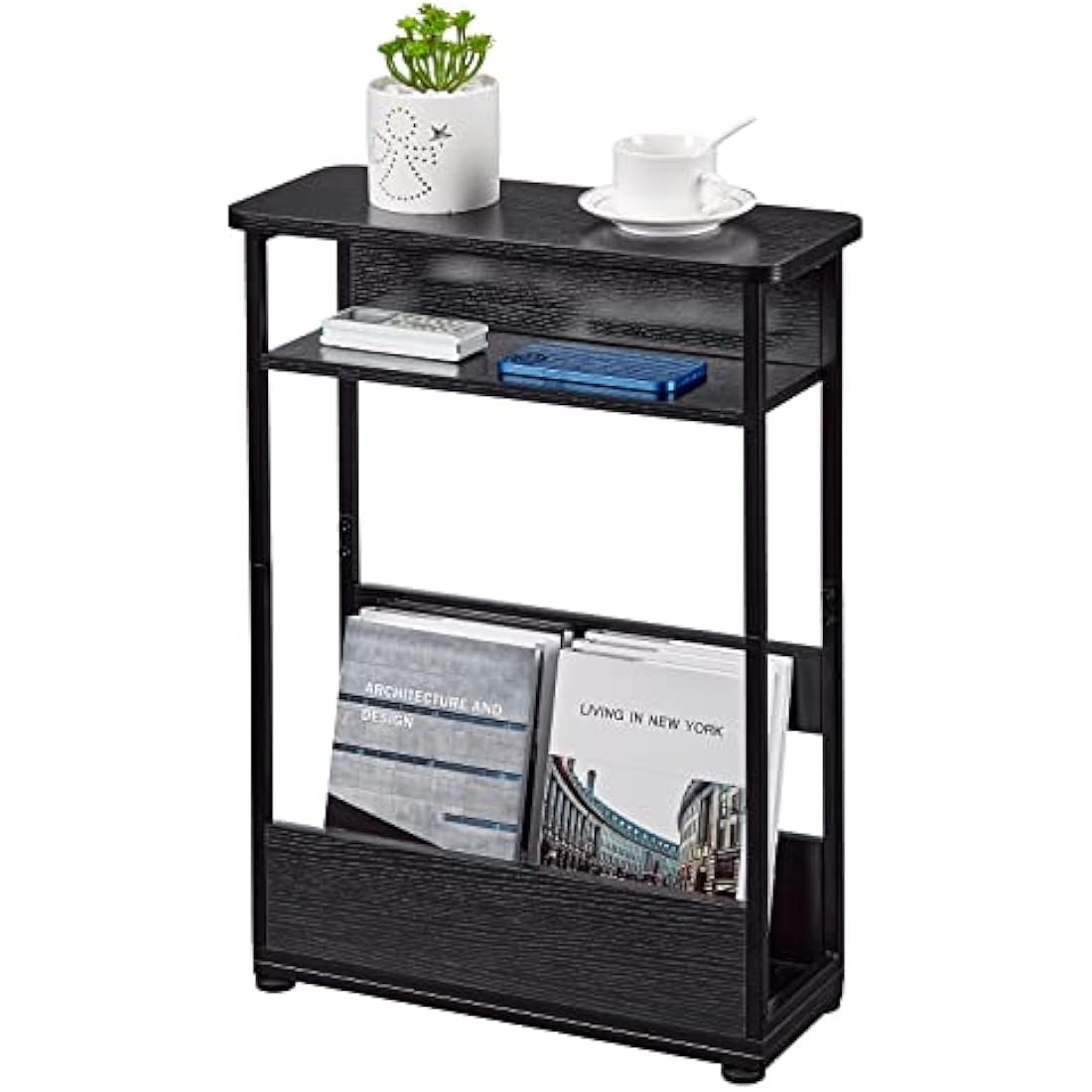 YEAKOO Narrow Side Table with Storage Shelf, 3 Tier Slim End Table for Small Spaces, Narrow Bedside Table, Small Nightstand with Magazine Rack 46x18x62.5cm