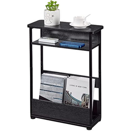 YEAKOO Narrow Side Table with Storage Shelf, 3 Tier Slim End Table for Small Spaces, Narrow Bedside Table, Small Nightstand with Magazine Rack 46x18x62.5cm