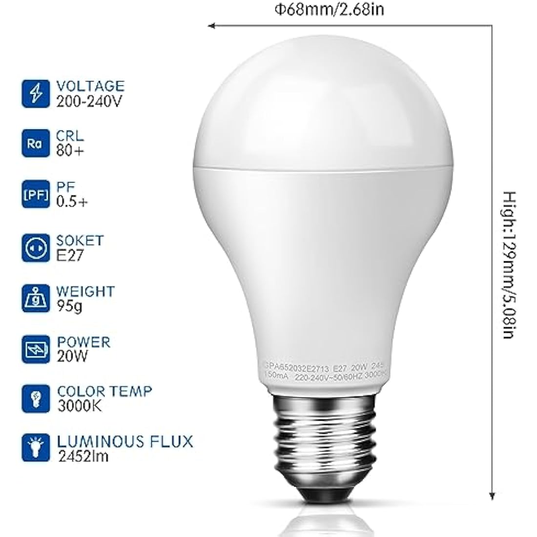 Awenia LED Light Bulb E27, A65 Edison Screw Lighting 20W (Equivalent to 150W Incandescent Bulb), 2452 lumens, Warm White 3000K Golf Ball, Pack of 4