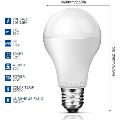 Awenia LED Light Bulb E27, A65 Edison Screw Lighting 20W (Equivalent to 150W Incandescent Bulb), 2452 lumens, Warm White 3000K Golf Ball, Pack of 4