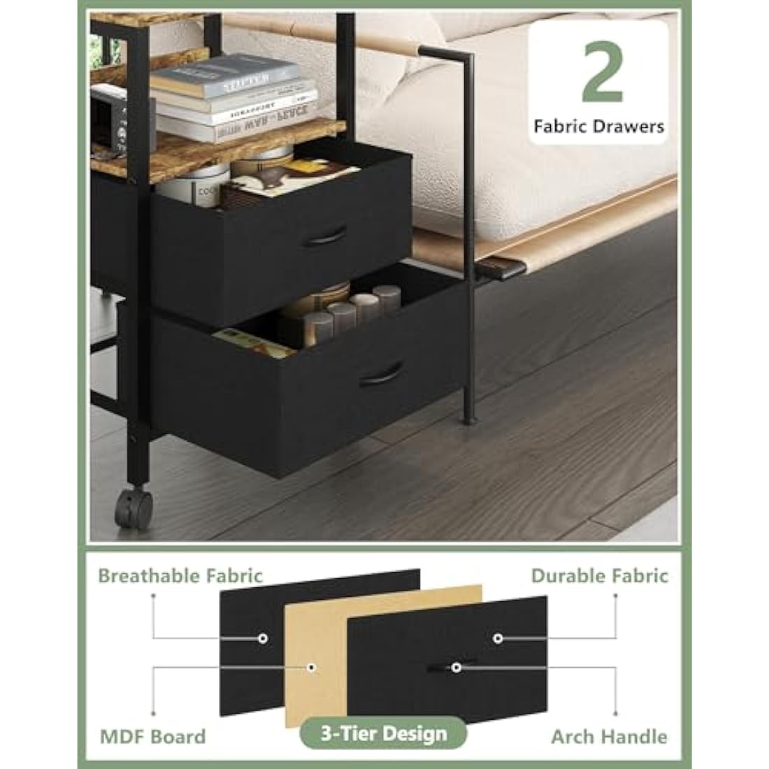 Lutown-Teen Bedside Table with Charging Station, Night Stand Small Bedside Cabinet with Open Storage Shelf and 2 Fabric Drawers, Side Table with 4 Castors for Bedroom, Living Room, Rustic Brown