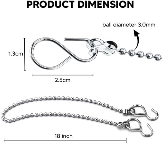3PCS Bath Plug Chain For Bathroom Sink Plug Chain Replacement With S Shaped Hook 450mm (18inch) - Stainless Steel Bath Chain Ball (3)