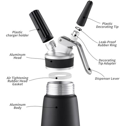 Sivaphe Cream Dispenser Whipped Cream Black Siphon Aluminum for Home Party Dessert 500ML with Cleaning Brush, 3 Decorating Nozzles