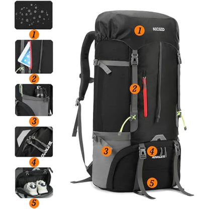 Nicgid 70L Lightweight Hiking Backpack Foldable Multi-Functional Travel Bag Water Resistant Casual Camping Rucksack for Men Women Outdoor Sport Mountain