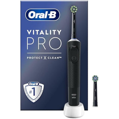 Oral-B Vitality Pro Electric Toothbrushes for Adults, for Him/Her, 1 Handle, 2 Toothbrush Heads, 3 Brushing Modes Including Sensitive Plus, 2 Pin UK Plug, Black (Packing May Vary)