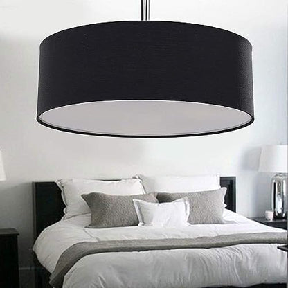 SPARKSOR Ceiling Light, Modern Fabric Pendant Light Shade, Large Black Drum Lampshade, Round Pendant Lamp, for Bedroom Living Room, Flush Chrome Matt, 3 Bulb, E27