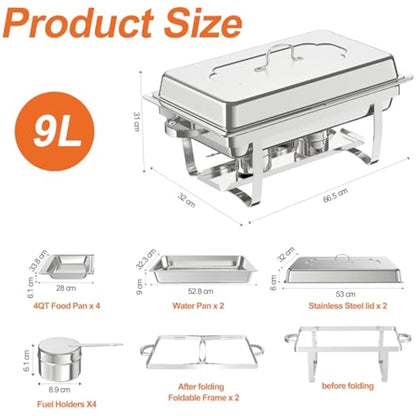 9L Chafing Dish Buffet Set,4 Pack Buffet Servers Catering Heat Container Set, Stainless Steel With Half Size Food Containers, Foldable Frames Food Warmer Set for Catering, Buffet, Wedding Parties
