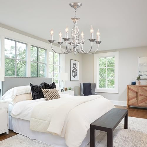 JIINOO French Country Chandeliers,Rustic Pendant Chandelier,Silver Vintage Height Adjustable Candle Wrought Iron Chandelier,6 Lights Farmhouse Pendant Light Fixture for Kitchen Dining Room Living Room