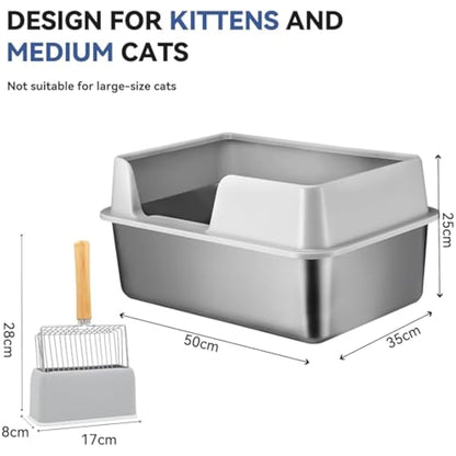 XXL Stainless Steel Cat Litter Tray - High Rim Open Box with Metal Scoop, Easy to Clean