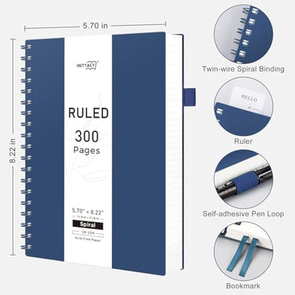 RETTACY A5 Notebook, Notepad, Wirebound Spiral Notebooks 300Pages /150 Sheets for Writing,100gsm College-Ruled Paper, Retro PVC Cover, for Men Work Office School,14.5 x 21cm - Navy blue