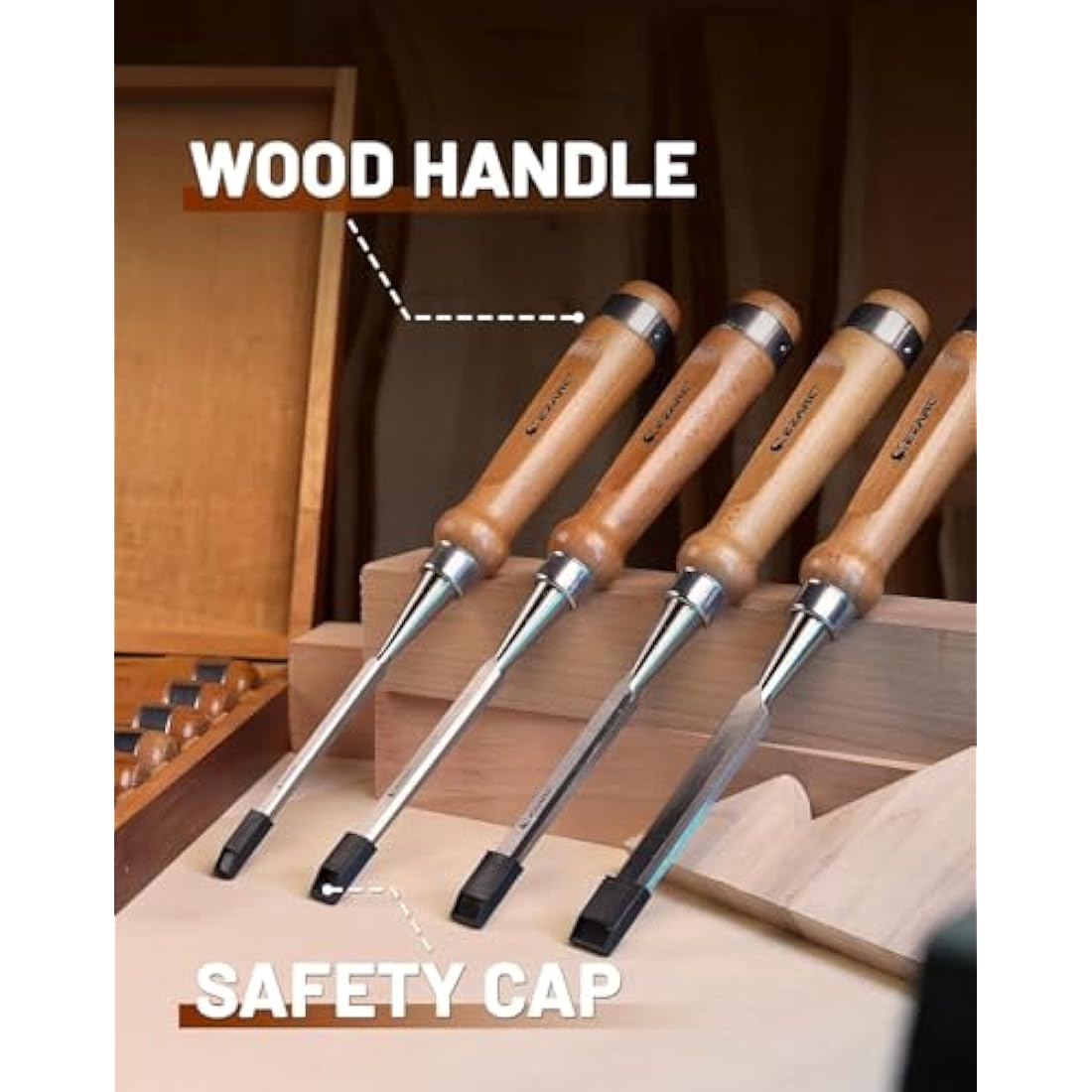 EZARC 6pc Wood Chisel Set for Woodworking - CRV Steel with Ash Wood Handle in Wooden Presentation Box