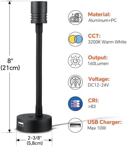 Obeaming 12V Dimmable Reading Light Campervan Boat Bedside Reading Lamp, Gooseneck LED Spotlight for Camper Van Caravan Truck Motorhome Caravan, Equipped USB Charger & Press Dimmer Switch