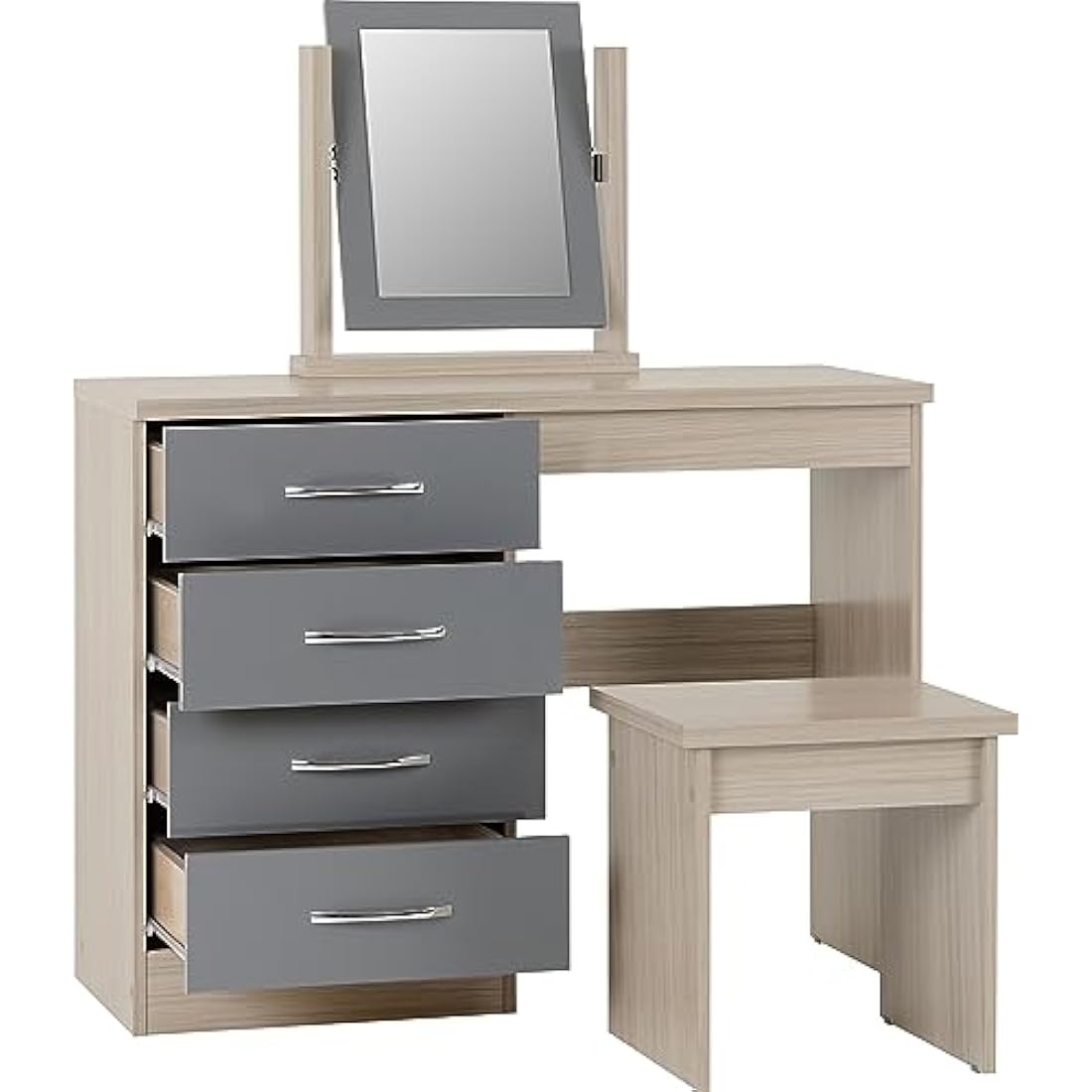Seconique Nevada Dressing Table Set in Grey Gloss/Light Oak Effect Veneer