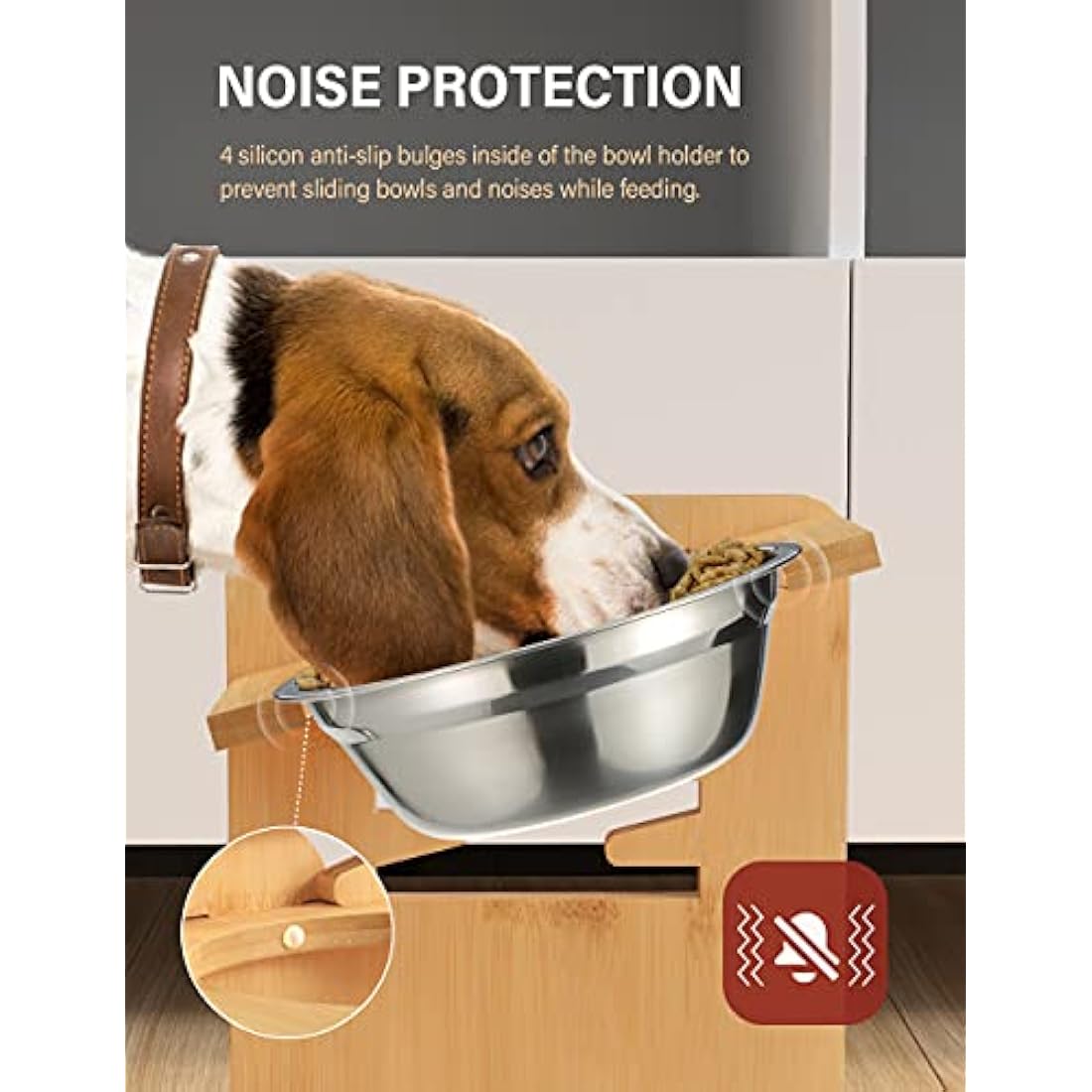 Vantic Raised Dog Bowls with Stand, 6 Heights Adjustable Bamboo Dog Feeding Station with 2 Stainless Steel Bowls, 17cm High