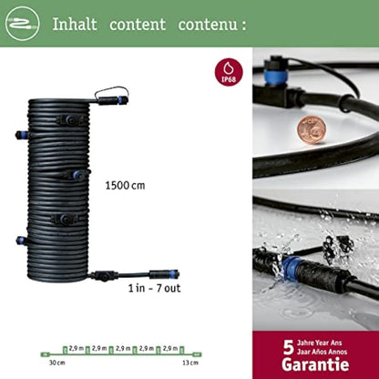 Paulmann 93931 Outdoor Plug & Shine Cable IP68 15m 1 in-7 Out 2x1,5mm² Black Plastic, 1500 x 1.5 x 1.5 cm
