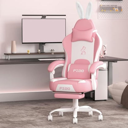 PZDO Pink Gaming Chair,High Back Computer Chair with Footrest, Kawaii Gaming Chairs for Girls Adults Women Kids, Reclining Chairs with Bunny Ear & Lumbar Support, Gift(Pink-White)