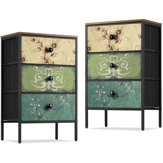 LYNCOHOME Bedside Tables Set of 2,Nightstand with 3 Drawers,Fabric Storage Cabinet Drawers,Furniture Sets for Bedroom,LivingRoom,Nursery,2 Pack