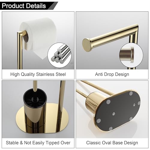 BVL Gold Toilet Roll Holder with Stainless Steel Free Standing Brush and Paper Holder