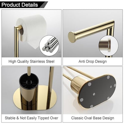 BVL Gold Toilet Roll Holder with Stainless Steel Free Standing Brush and Paper Holder