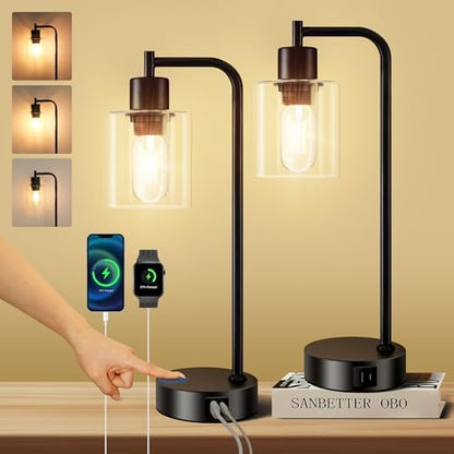Homelist Touch Lamp Bedside Set of 2, Dimmable Bedside Lamps with USB C+A Charging Ports, Plug in Bedside Table Lamps for Bedroom, Nightstand, Industrial Touch Lights for Home Office-Bulbs Included