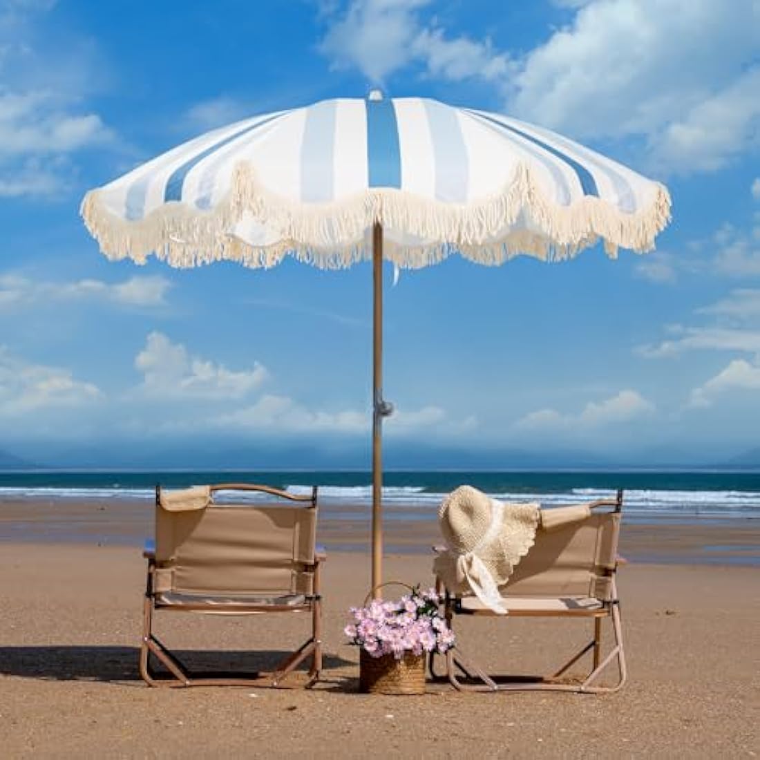 Mansader 2M Garden Umbrella Parasol Tilting Premium Wood Pole UPF 50+, Portable Garden Parasols with Tassels for Outdoor Patio Lawn Pool Yard