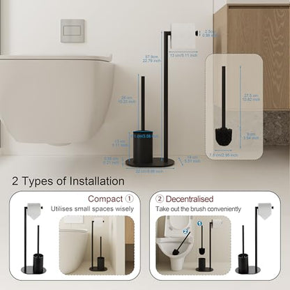 BVL Toilet Roll Holder with Toilet Brush Black, Stainless Steel Free Standing Toilet Brush, Toilet Brush and Toilet Paper Holder
