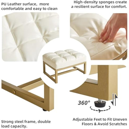 Aibiju Small Footstool Ottoman, Rectangle Faux Leather Footstool with Gold Metal Frame, Change Shoes Stool for Living Room, Bedroom, Entryway Office, White YD-JD139W