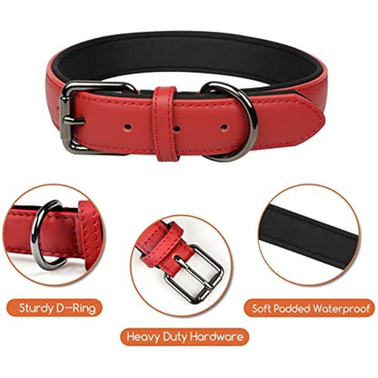 OFHome Dog Collar Leather Red Soft Padded Comfortable Adjustable Strong Pet Collars Best for Small Medium Large Dogs with Heavy Duty Buckle (Red, S)