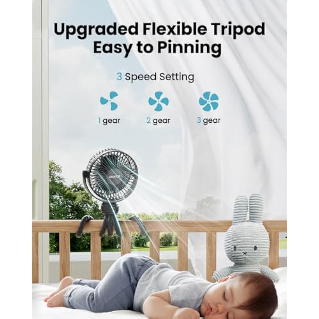 gaiatop Mini Portable Pram Fan, Rechargeable Small Clip on Fan for Stroller, Detachable 3 Speed 360° Rotate Flexible Tripod Handheld Desk Cooling for Car Seat Crib Treadmill Travel Black