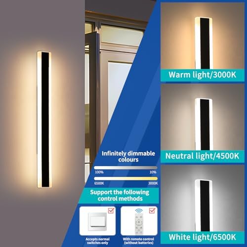 Mikeru 100cm LED Outdoor Wall Light, 2 Pack with Remote Control Dimmable, 3 Colour Temperature 3000K/4500K/6500K Exterior Wall Sconce, IP65 Waterproof Outdoor Porch Wall Light for Balcony, Patio