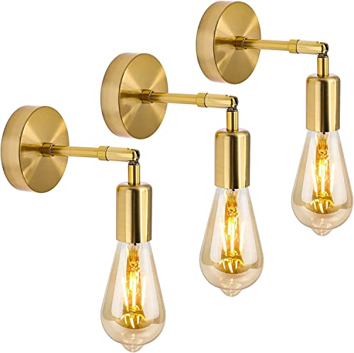 3PCS Vintage Bathroom Wall Sconces Gold Vanity Wall Lights E27 Industrial Wall Mount Lighting Fixtures Rotatable for Bedroom Living Room Bathroom(No