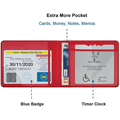 wisdompro PU Leather Disabled Blue Badge and Timer Holder, Blue Badge Holder, Disabled Badge Holder Wallet for Car Disability Parking Badge Cover Holder Hologram Safe - Red