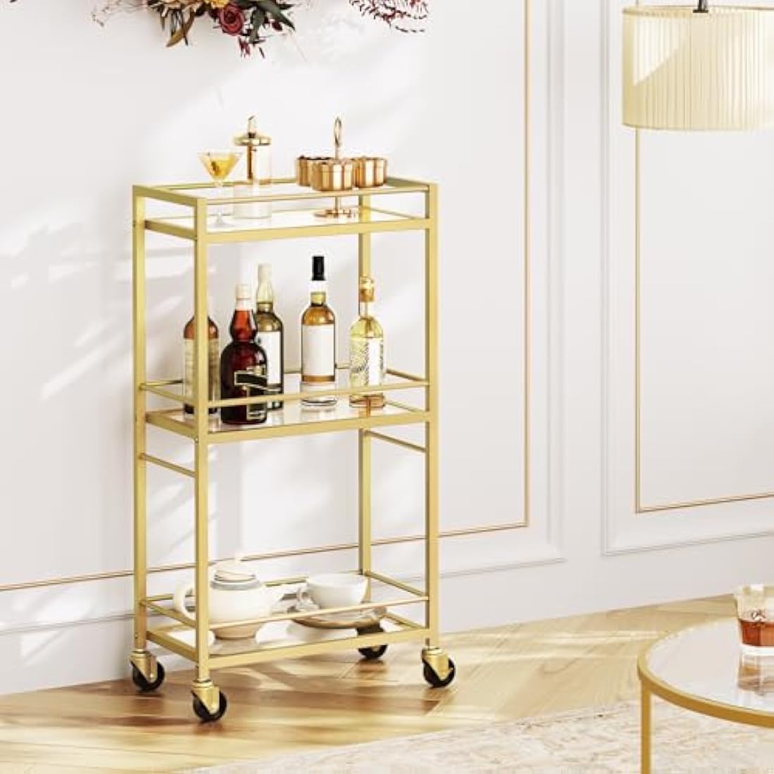 MAHANCRIS 3 Tier Bar Cart for Home, Kitchen Storage Island Serving Cart on Wheels, Tempered Glass Trolley, Rolling Beverage Cart for Bar, Dining Room, Gold ARCJ40B01