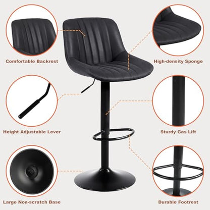 Youhauchair Bar Stools Set of 2, Swivel Counter Height Barstools with Back, Adjustable PU Leather Bar Chairs, Modern Armless Kitchen Island Stool, Black