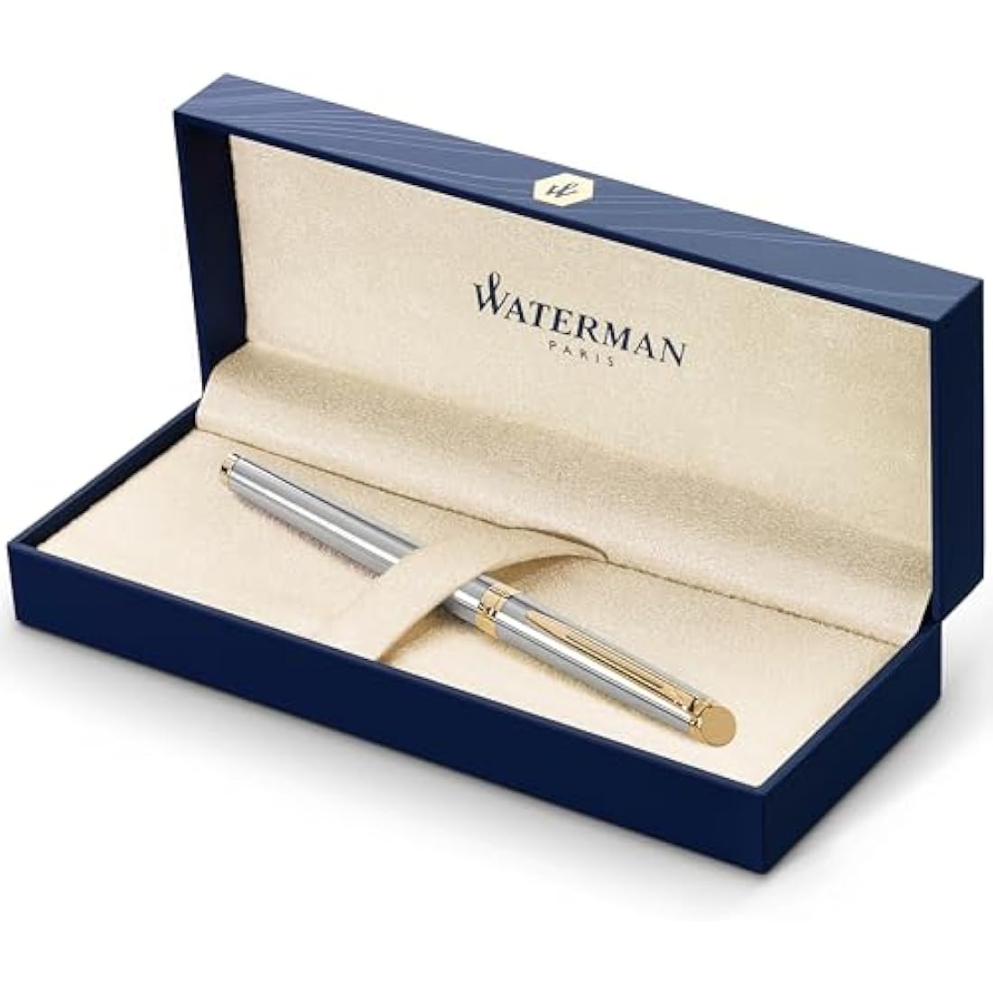 Waterman Hémisphère Fountain Pen | Stainless Steel with 23k Gold Trim | Fine Nib | Blue Ink | Gift Box