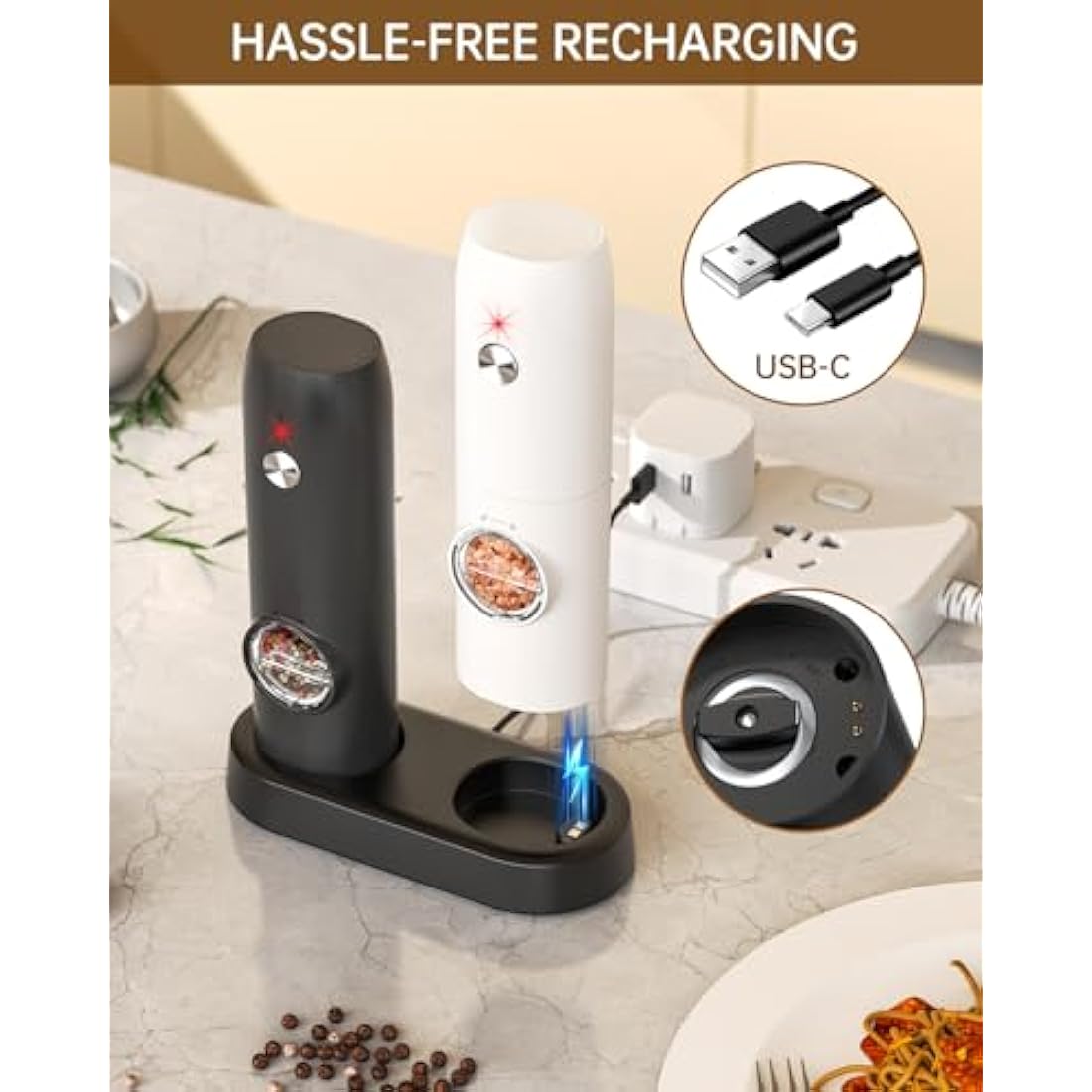 CIRCLE JOY Electric Pepper Grinder Mills, Rechargeable Salt and Pepper Set with Charging Base, Ceramic Grind and Adjustable Coarseness, Automatic Grinder for Home, Kitchen, Black White