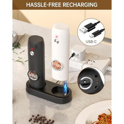 CIRCLE JOY Electric Pepper Grinder Mills, Rechargeable Salt and Pepper Set with Charging Base, Ceramic Grind and Adjustable Coarseness, Automatic Grinder for Home, Kitchen, Black White