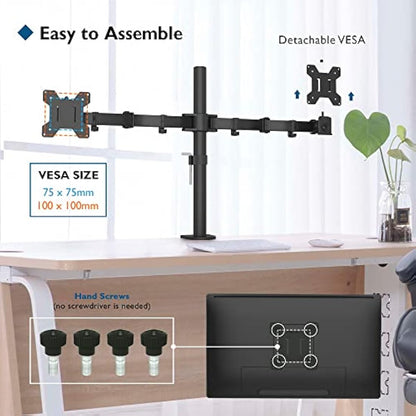 BONTEC Dual Monitor Stand, Adjustable Arm Desk Mount for 13-27 Inch Screens, VESA Mount, Full Motion Tilt & 360° Rotation, Max 10kg per Arm, Height Adjustable, Easy Install