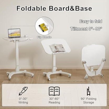 BONTEC Foldable Ergonomic Computer Workstation with Rolling Castors, Height Adjustable Standing Desk, Eco-Friendly Laptop Stand on Wheels, Portable Desk for Home Office, Bedroom, Medical Use, 65x50cm