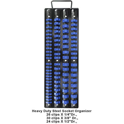 CASOMAN 80-Piece Heavy Duty Socket Organizer Tray, 1/4-Inch, 3/8-Inch, 1/2-Inch,Premium Quality Socket Holders,Black Rails with Blue Clips, Best Unique Tool Gift for Men
