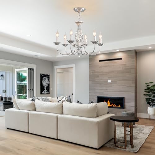 JIINOO French Country Chandeliers,Rustic Pendant Chandelier,Silver Vintage Height Adjustable Candle Wrought Iron Chandelier,6 Lights Farmhouse Pendant Light Fixture for Kitchen Dining Room Living Room